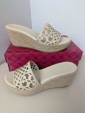 Tory Burch Thatched Perforated Cutout Espadrille Platform Dulce De Leche Cream 9